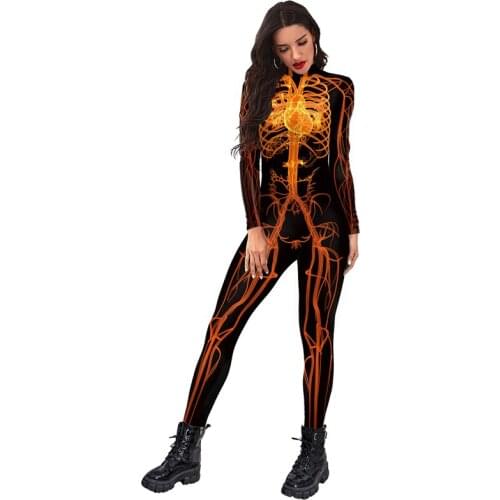 Fashion Women Cosplay Human Body Orange Meridian Tights Aldult Performance Suit Digital Print Jumpsuit Scary Role Costumes 2021