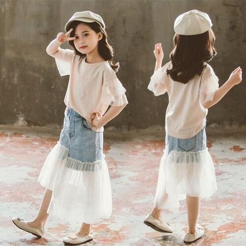 Fashion Summer Girls Skirts Set Cotton White T-shirts and Lace Patchwork Jeans Skirt Teenage School Girl Clothing Set Cute Suits