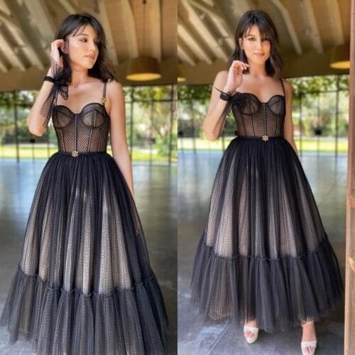 Newest Black Cocktail Dresses Spaghetti Straps Tulle Ankle Length Cheap Prom Dress Custom Made Elegant Homecoming Gowns