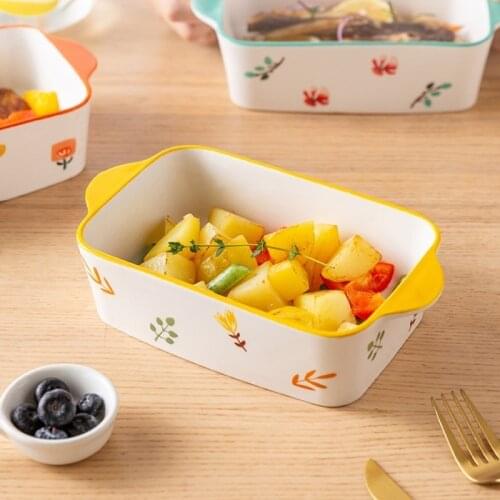 Original Flower Rhyme Binaural Baking Pan Rectangular Deep Dinner Plate Household Ceramic Microwave Oven Tableware Dessertplate