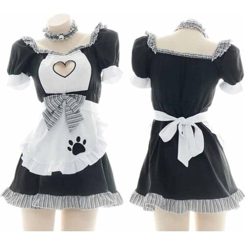 Super Cute Love Maid Hollow out Heart-shaped Open Chest Cat Plaid Dress Uniform Suit Lolita Girls Princess Black Bowknot dress