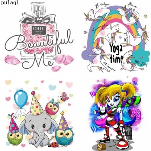 Pulaqi DIY Cartoon Unicorn Iron On Transfers Patches For Clothes Stripe Iron Heat Transfer Vinyl Thermal Stickers Applique Badge