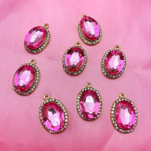 10Pcs Luxury Pink Shiny Crystal Charms Rhinestone Oval Pendant For Jewelry Making DIY Earrings Accessories Supplies Wholesale