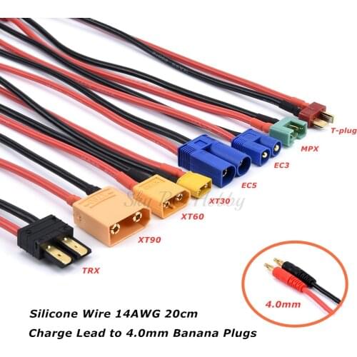 MPX TRX XT30 XT60 XT90 EC3 EC5 T Plug Charge Lead to 4.0mm Banana Plugs Charge Cable Silicone Wire 14AWG 20cm For Lipo Battery