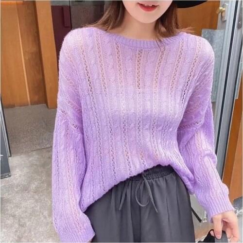 Thin 2021 Spring Autumn Korean Version All-match Sweaters Girls O-neck Loose Sweater Hollow Out Pullovers Woman Knitted Jumper