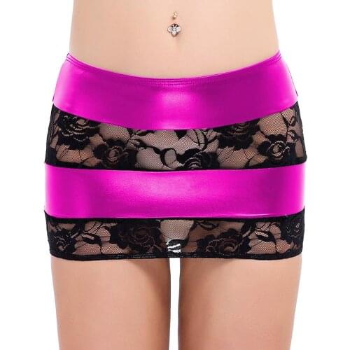 Lady mini ultra-short imitation paint leather stitching lace small leather skirt wrapped stage nightclub Bodycon pencil skirt