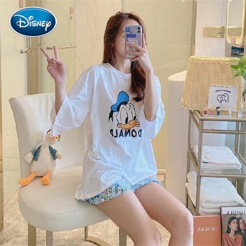 Disney cartoon duck pajamas female summer short-sleeved modal cotton Donald Duck blue thin casual loose home service suit