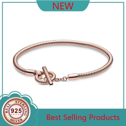 High Quality 925 Sterling Silver Moment Round Buckle Rose Gold Snake Chain Slip Ring Pan Bracelet Ladies Jewelry Gift
