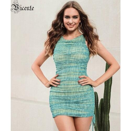 VC Green Short Dress Draped Mesh Breathable Cool Lace-up Sexy Hip Skirt For Women 2021 Summer