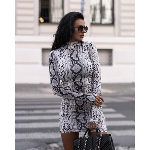 Sexy Serpentine Print Mini Dress Women High Neck Long Sleeve Dress Clubwear Party Dresses Snake Skin Bodycon Women Dresses