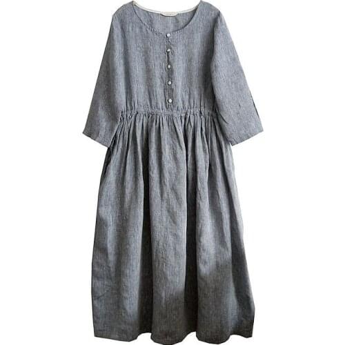Women Loose Linen Half Sleeve Dress Ladies Vintage Flax Loose Dresses Female Summer Dresses