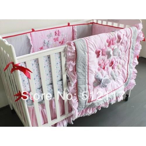 2014 New 6pcs Embroidered 3D Pink Butterfly Lace Baby Crib Cot Bedding Set 4items Quilt Bumper Fitted Sheet for girl