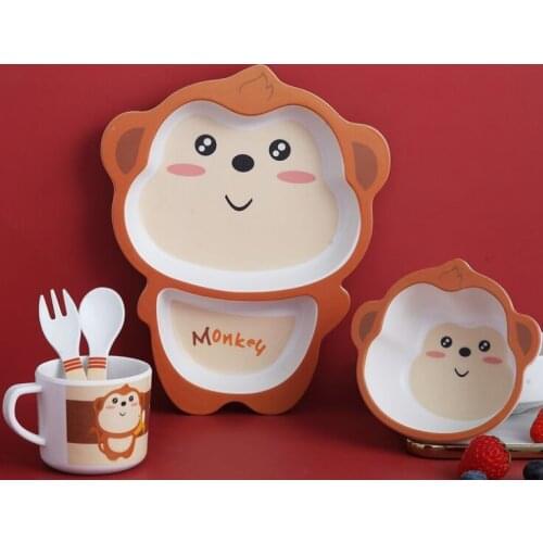 5pcs/set Baby Dish Tableware Children Cartoon Feeding Dishes Kids Natural Bamboo Fiber Dinnerware With Bowl Fork Cup Spoon Plate
