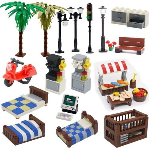 City Accessories MOC Brick Building Blocks Bed Shop Coffee Maker Motorbike Bench Lamp Compatible Friends Brick Toys For Children