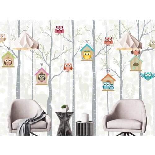 Bacal Deer Trees Cute OWL 3d Cartoon Wallpaper Mural for Child Baby room 3D Photo Mural Wall paper 3d Cartoon Wall Stickers