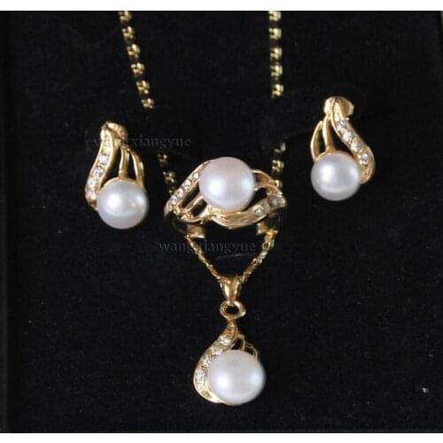 Free shipping Genuine White Akoya Cultured Pearl ring earrings Necklace Pendant Set AAA Jewelry