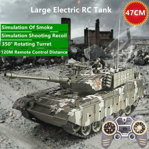 Large Electric Battle RC Tank 47cm 2.4G 120M 350°Rotating Turret Launching Bullets Simulating Smoke Remote Control Tank Model