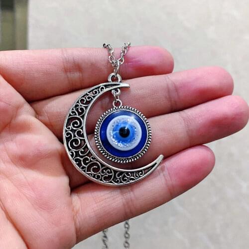 Fashion Crescent Moon Glass Evil Eye Pendant Necklace Choker 18" Gothic Jewelry Accessories Gift for Women GirlFriend