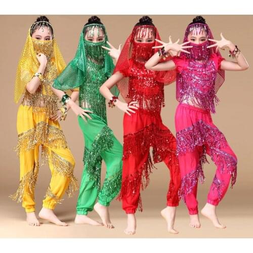 Children Indian Dance 6-piece Costume Set (top,pants,headpiece ,face veil,bracelets) New Arrival Girls Bollywood Dance Costumes