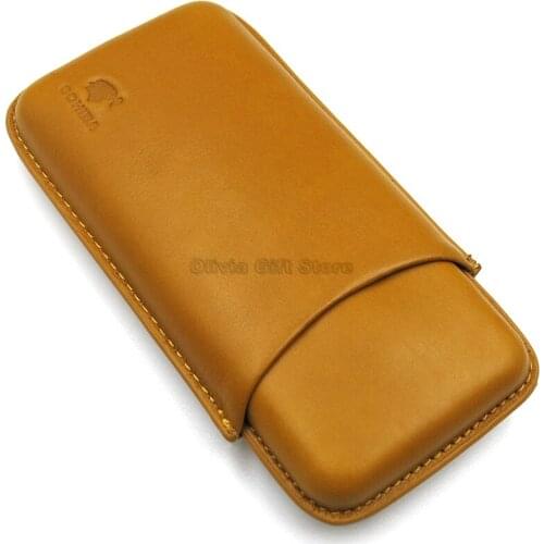 COHIBA Beige Leather Travel Brown Cigar Case 3 Tube Cigar Humidor Box Portable Cigar Holder With Cigar Cutter Tobacco Storage