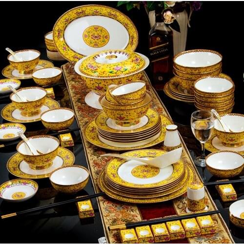Chinese Style Enamel Bowls and Plates Jingdezhen Luxury Palace Tableware Porcelain Plate High Quality Bone China Dinner Plate