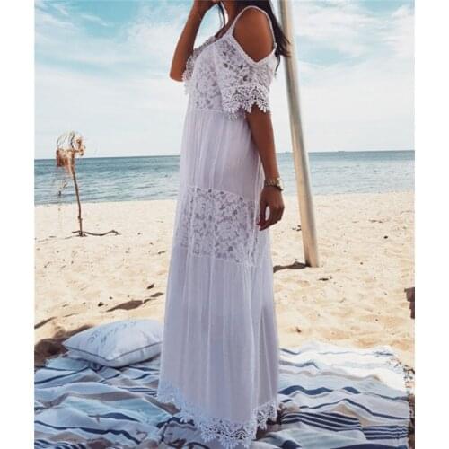 Cotton Patchwork Lace Beach Dress Long Beach Cover up Vestido Bathing suit Cover ups Beach Sarong Robe de Plage Tunic