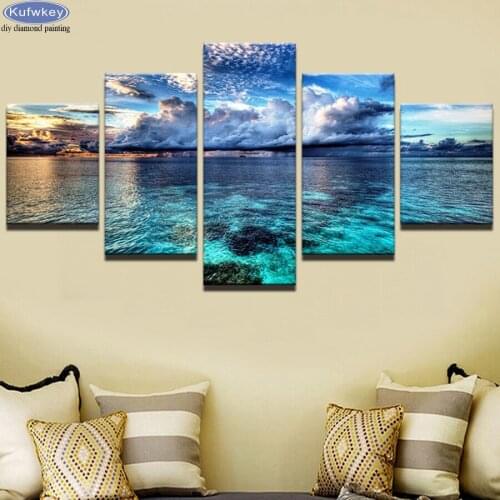 DIY 5D full square diamond Painting cross stitch 5 pcs Blue Sky White Clouds Seascape Diamond Embroidery Mosaic Multi-pictures