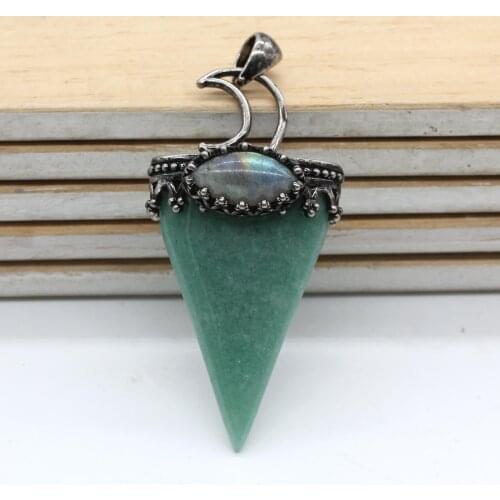 Trendy-beads Antique Silver Plated Moon Geometric Shape Natural Green Aventurine Pendant Classic Jewelry