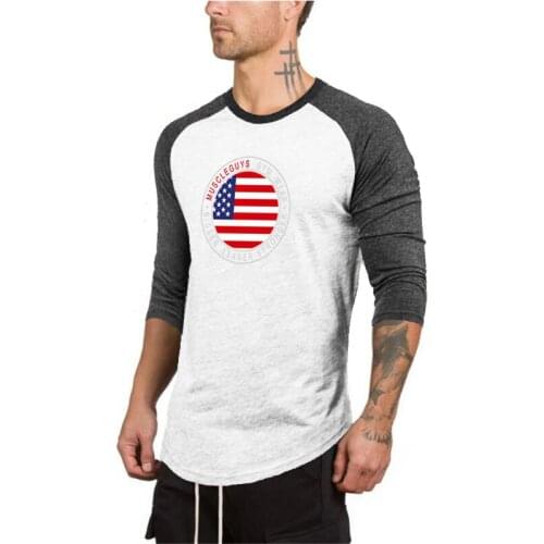 Mens Brand Gyms Clothing 3/4 Sleeve Shirt Mens Printed Tees Bodybuilding Fitness 3/4 Sleeve Shirt Muscle Guys Tops