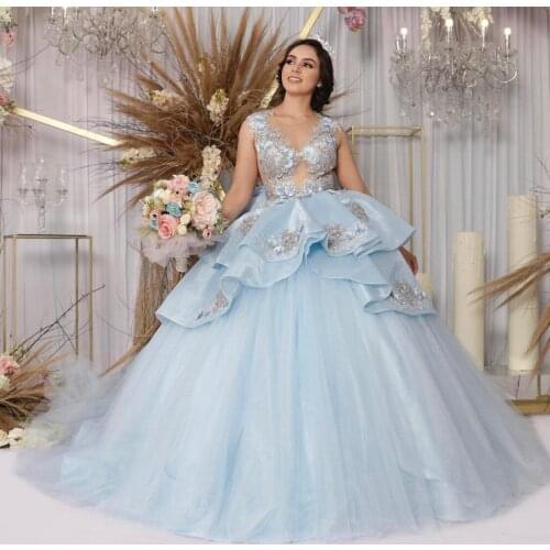 Sky Blue Quinceanera Dresses Ball Gown Scoop Tulle Appliques Beaded Bow Puffy Cheap Sweet 16 Dresses
