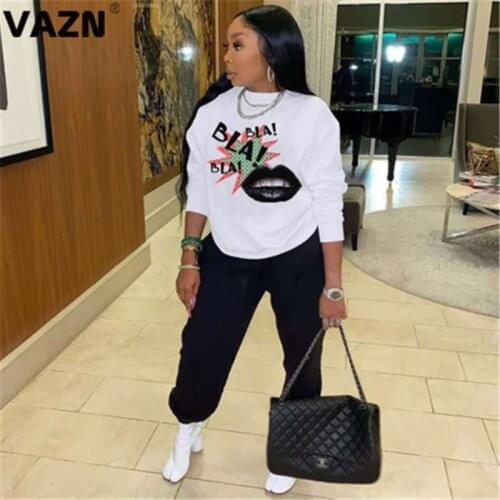 VAZN 2020 New Women Cartoon Baggy O-neck Elegant Lady Set Outdoor Clothing Suit Women Full Sleeve Tracksuit