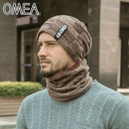 OMEA Knitted Hat Men Warmer Winter Beanies with Ring Scarf Arctic Velvet Lining Thickend Snood Male Skullies Earmuffs Beanie Hat
