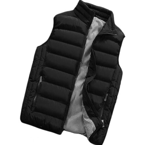 80% HOT SALES !!! Men Winter Plaid Stand Collar Cotton Vest Plus Size Zipper Pocket Warm Waistcoat