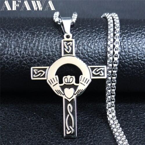 Knotwork Claddagh Cross Stainless Steel Statement Necklace for Women Silver Color Necklaces Jewelry gargantilla N3306S02