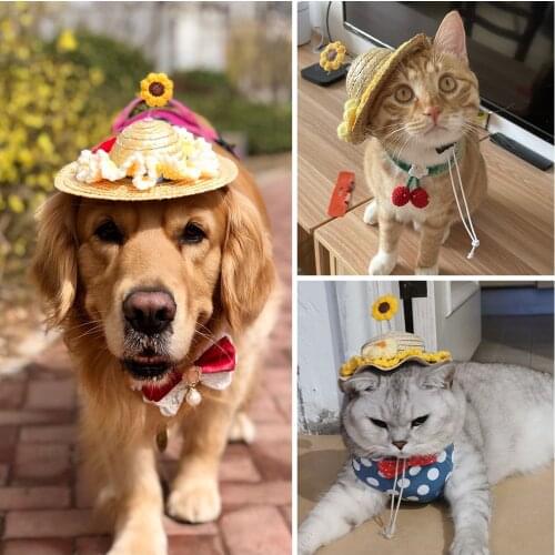 Pet Woven Straw Hats Dogs Cats Rabbits Cute Style Hats Spring And Summer Sunshade Adjustable Hats Pet Apparel Clothing