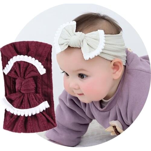 Cable Knit Bows Nylon Headbands One Size Fit Most Wide Knot Bow Nylon Head Wraps Baby Girl Turban Hair Accessories With Pompom