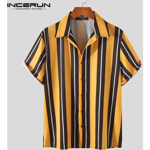 INCERUN Men Casual Striped Shirt Short Sleeve Turn Down Collar Streetwear Camisas Summer Fashion Beach Hawaiian Shirts Men 7