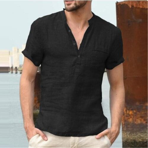 2021 V-Neck Shirt Fashion Jogging Casual Blouse Mens Quick-Drying Short Sleeve Linen Solid Shirt Color Loose Pullover