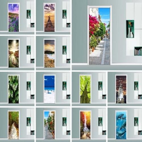 Nature Flowers and Trees Landscape Self-Adhesive 3D Door Stickers Waterproof Art Decoration Wallpaper Home Decor Print Pictures