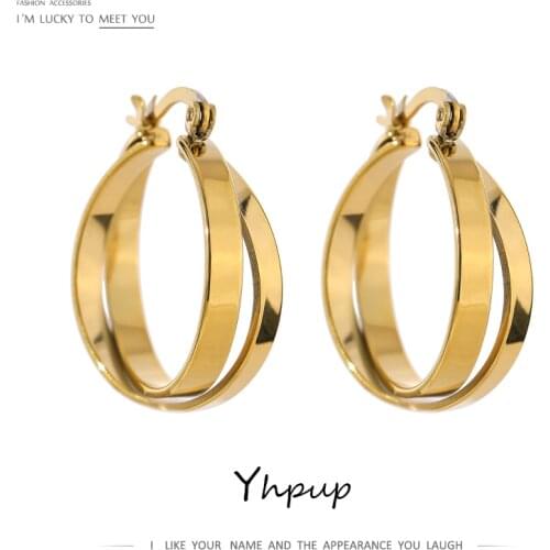 Yhpup Charm Metal Layered Round Hollow Hoop Earring for Women Stainless Steel Gold Color 18 K Plated Trendy Earrings Party Gift