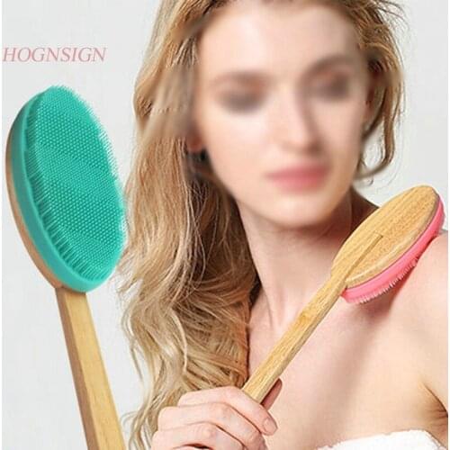 Silicone Bath Bathing Brush Massage Silica Gel Soft Hair Rub Back Clean Oak Long Handle Body Cleansing Care Supplies Massager