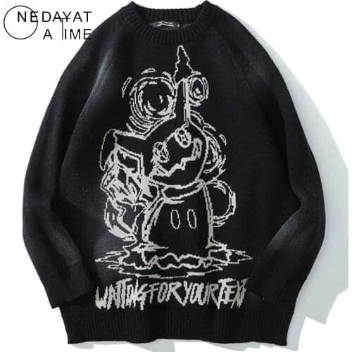 Men Hip Hop Streetwear Knitted Sweater Funny Cartoon Graphic Print Pullover Autumn Harajuku Cotton Casual Sweater Pullover Tops