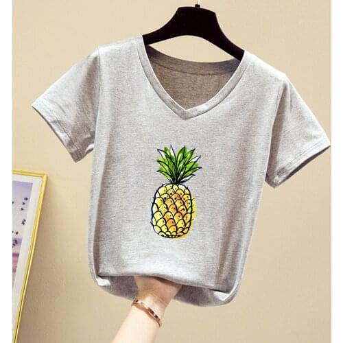 Plus Size Summer Women Tshirt Tops Pineapple Print Cotton T Shirt V-Neck Short Sleeve Casual Fashion Graphic Female Tee 4XL