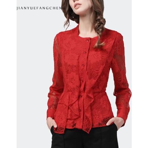 Fashion Square Neck Red Lace Shirts Women 2021 Spring New Long Sleeve Ruffles Tops Elegant High Waist Embroidery Floral Blouses
