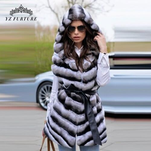 2021 New Winter Women All Natural Rex Rabbit Outwear Belt Design Hood Vest Fashion Thick Warm Outer Clothing Length 75cm Coat