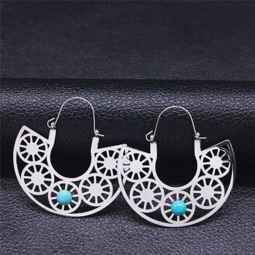 Stainless Steel Stone Circle Earrings Women Silver Color Bohemia Sector Earrings India Flower Jewelry aros vintage E9209S04