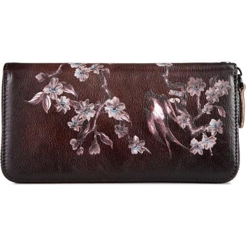 Genuine leather animal birds print women long purse wrist wallet
