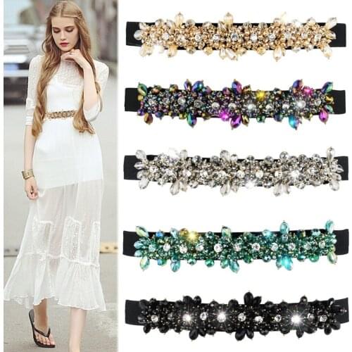 Womens Classic Elegant Wide Elastic Stretch Waist Band with Decorative Rhinestone Beads Flower Waist Belt Waistband B68