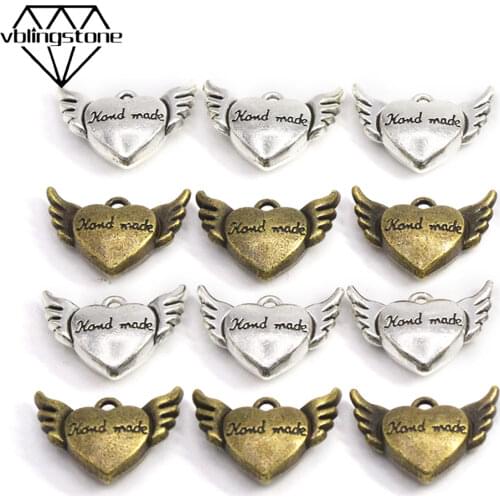 10Pcs Heart Wings Handmade Tags Sliver Bronze Metal Labels Alloy Hand Made Label For Clothes Hats Bags Sewing Crafts 20*15MM