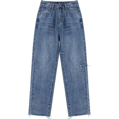 2021 New Womens Spring Harajuku Streetwear High Waist Denim Trouser Ripped Jean Straight Pantalones Vaqueros Mujer